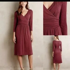 Anthropologie Maeve Galena Dress Wine Ruched 3/4 Sleeves Jersey Womens Sz XS